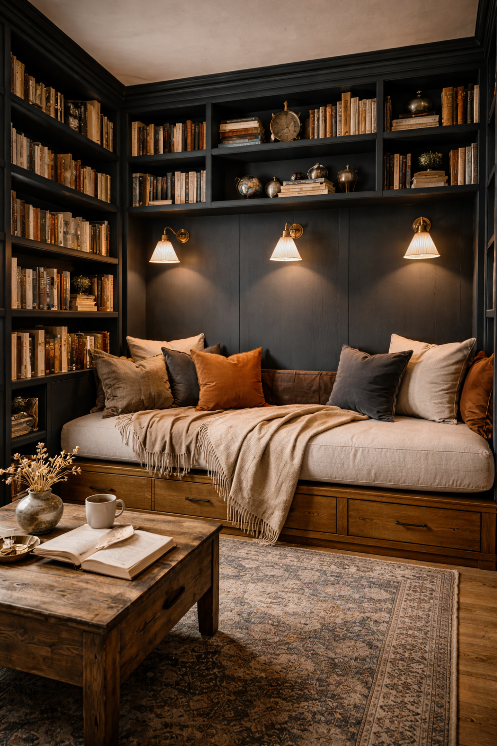 Built-in daybed wrapped in floor-to-ceiling bookshelves with brass library lights and ink blue cabinetry