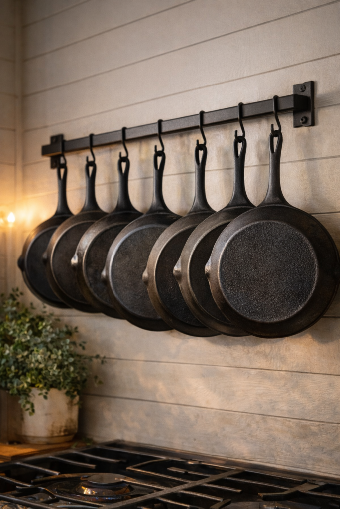 Cast iron skillets hanging on a black pot rack mounted on a shiplap kitchen wall in a modern farmhouse kitchen.