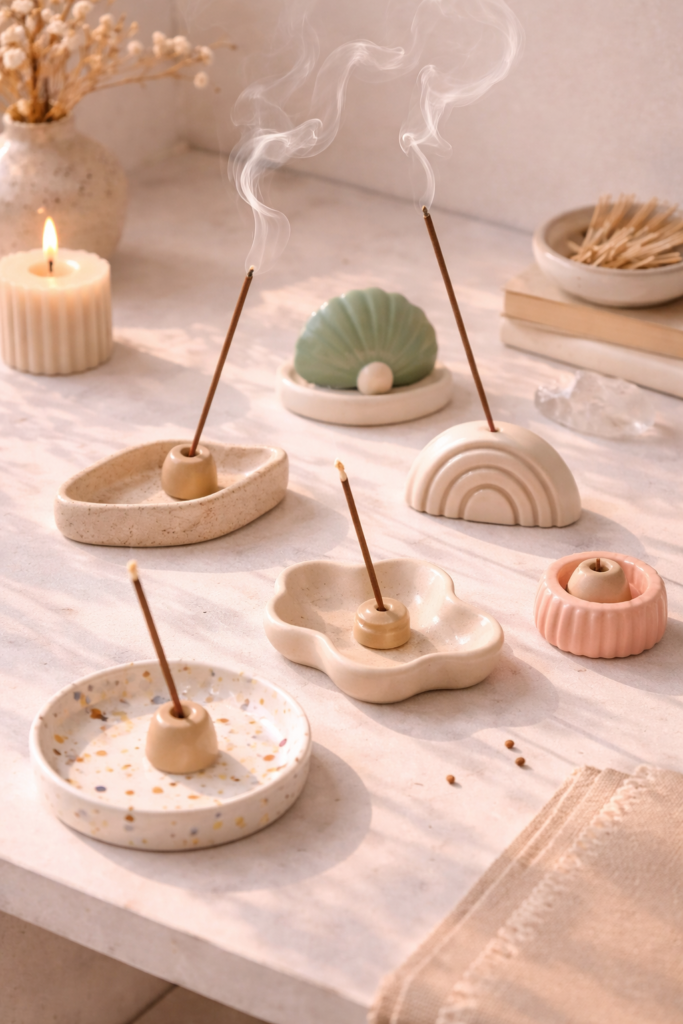 Ceramic incense holders and warm ambiance
