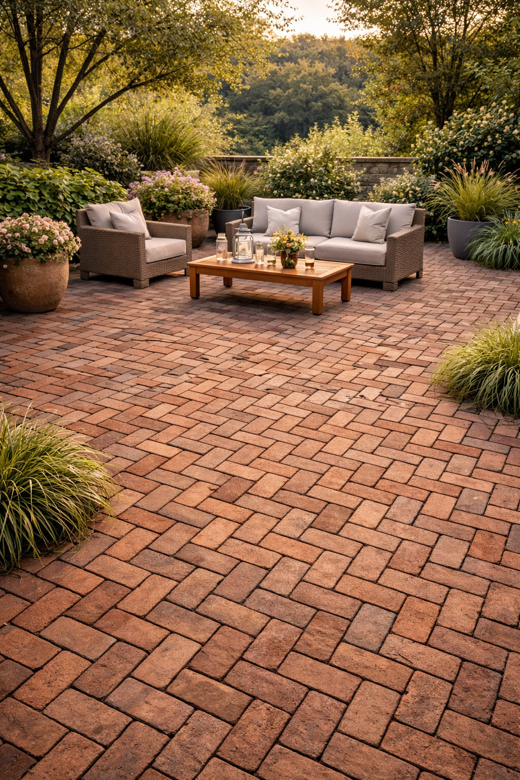 Charming outdoor patio at sunset