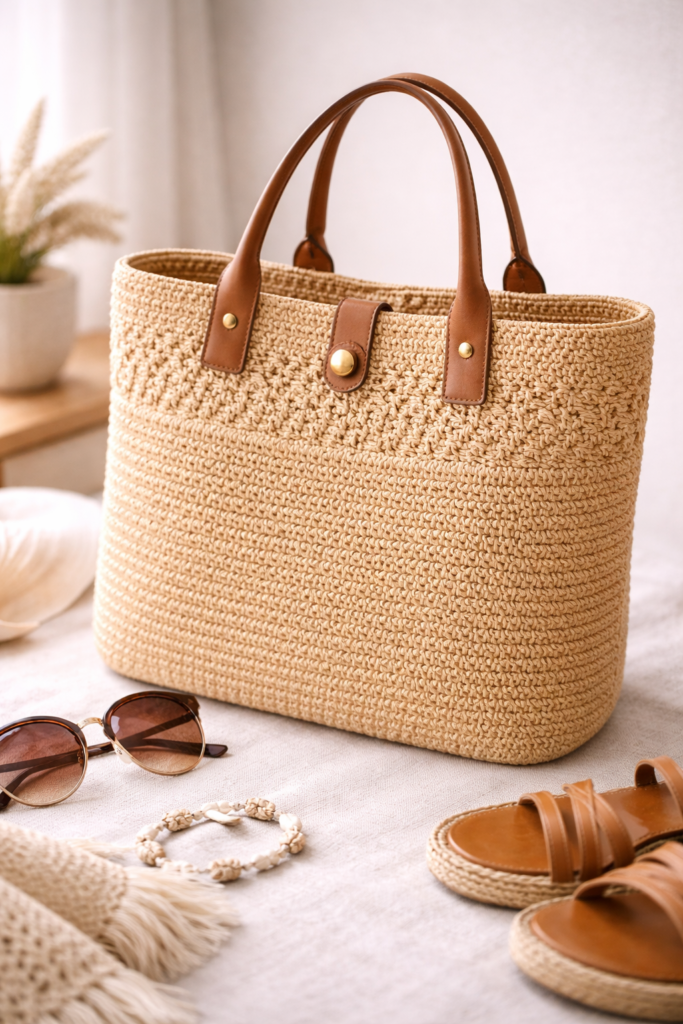 Chic raffia tote and summer accessories