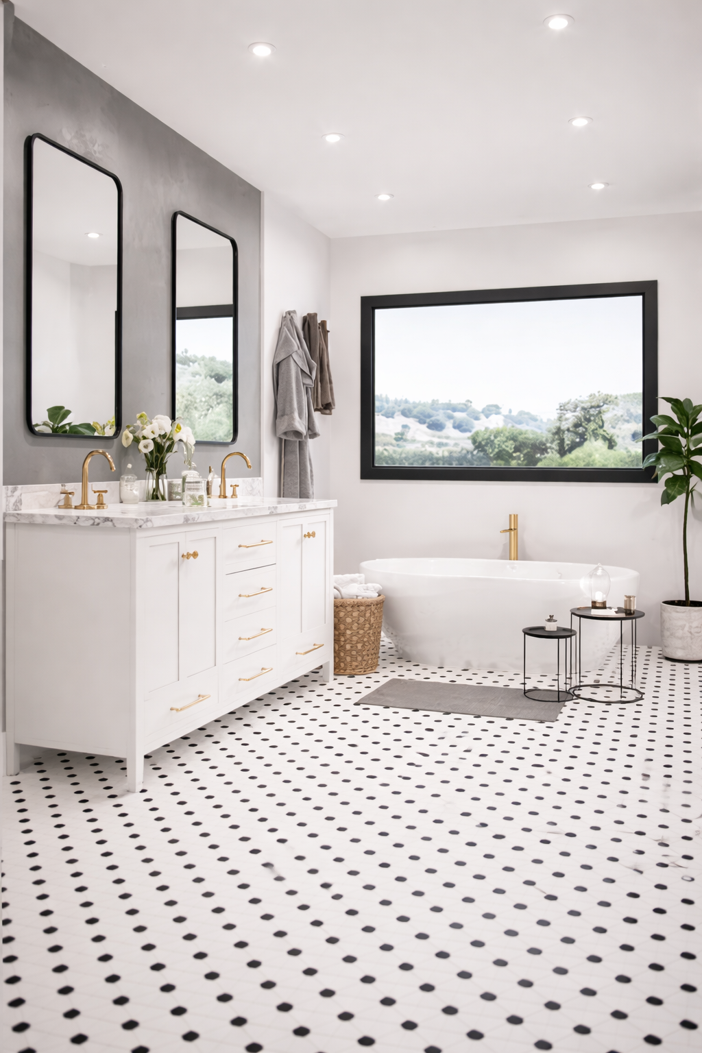 Classic white and black mosaic hexogan tile bathroom.