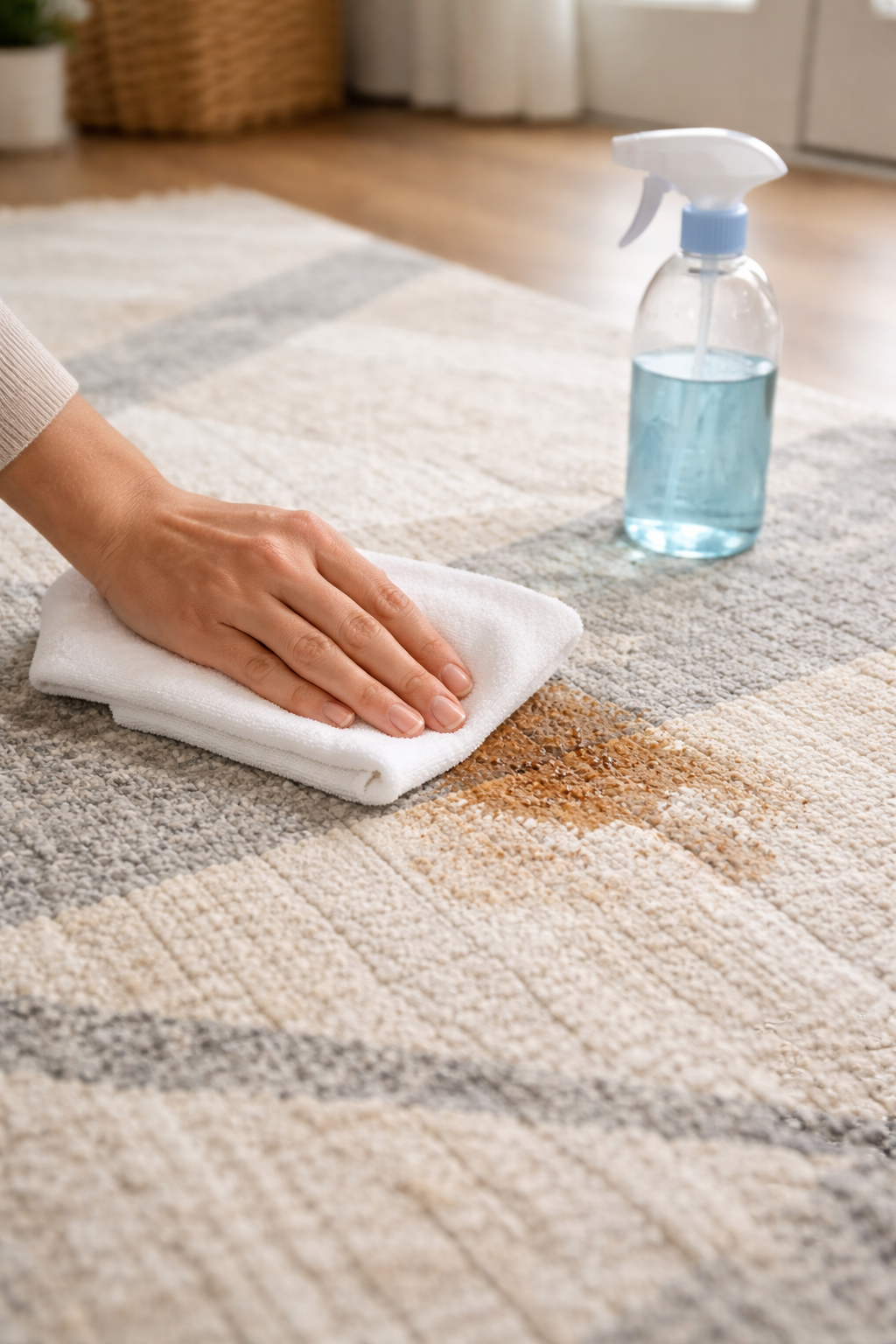 White cloth blotting a stain on a patterned area rug with cleaning solution bottle nearby