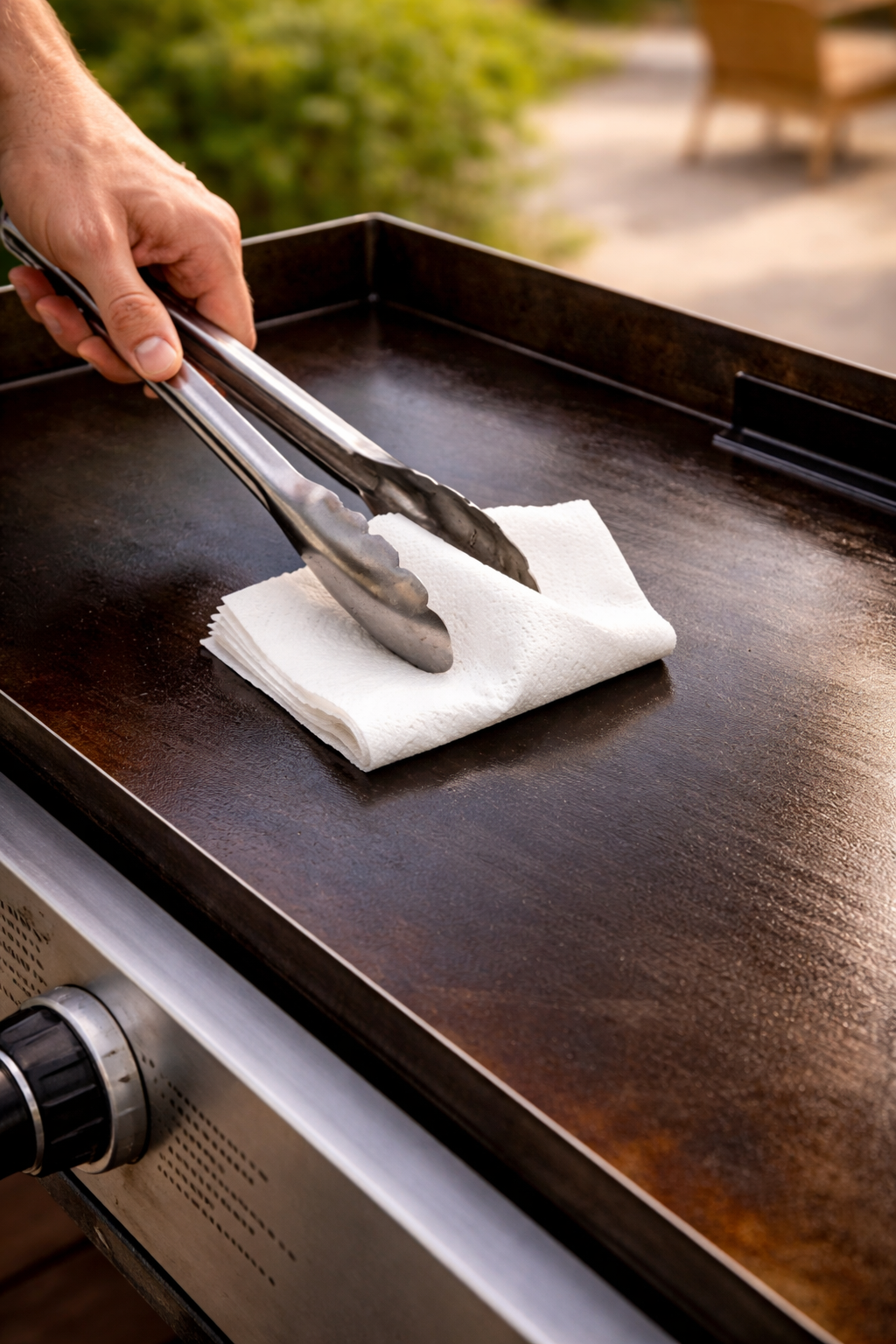 Wiping down clean flat top griddle surface with white paper towels after scraping
