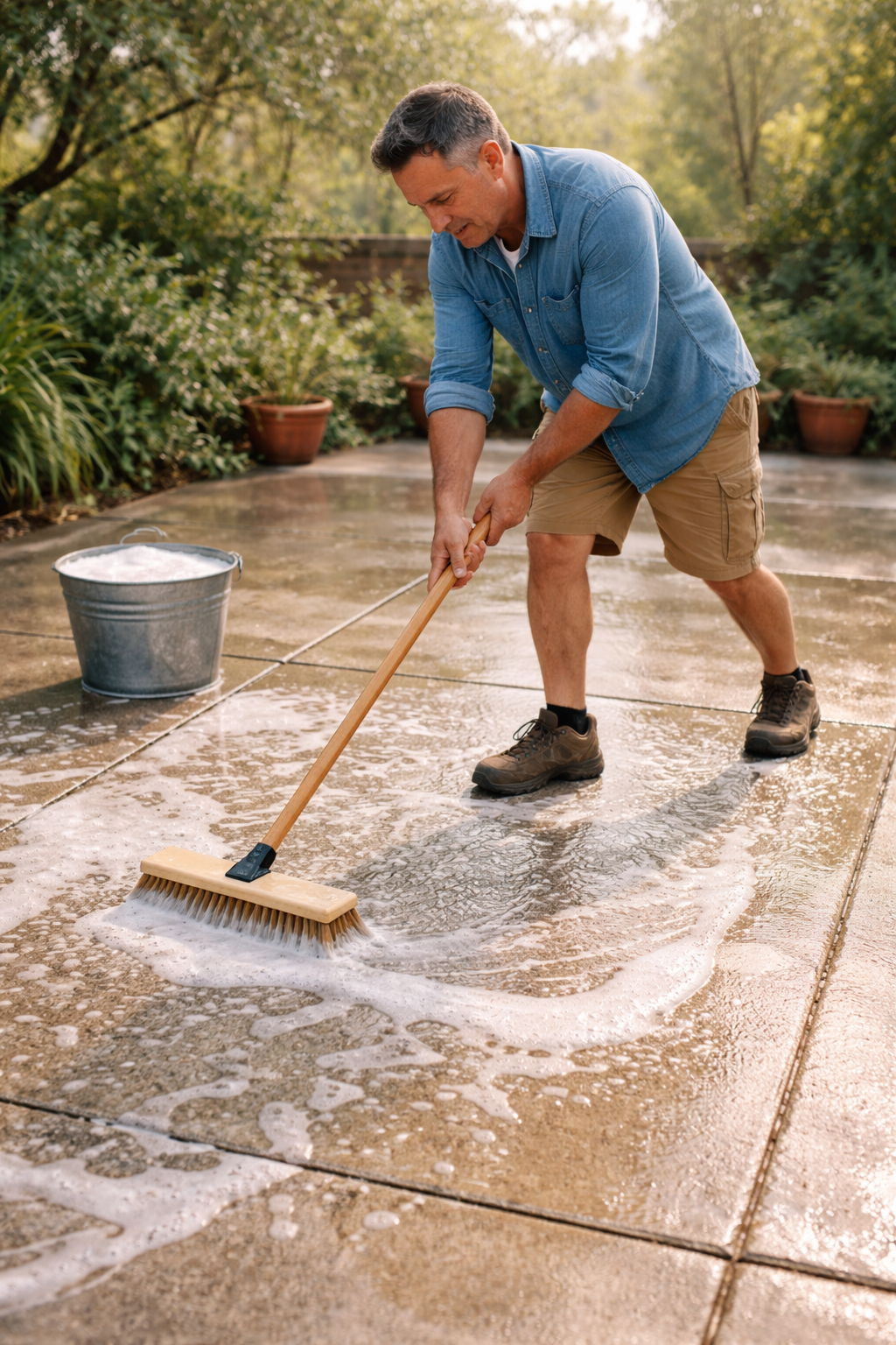 Cleaning the patio on a sunny day