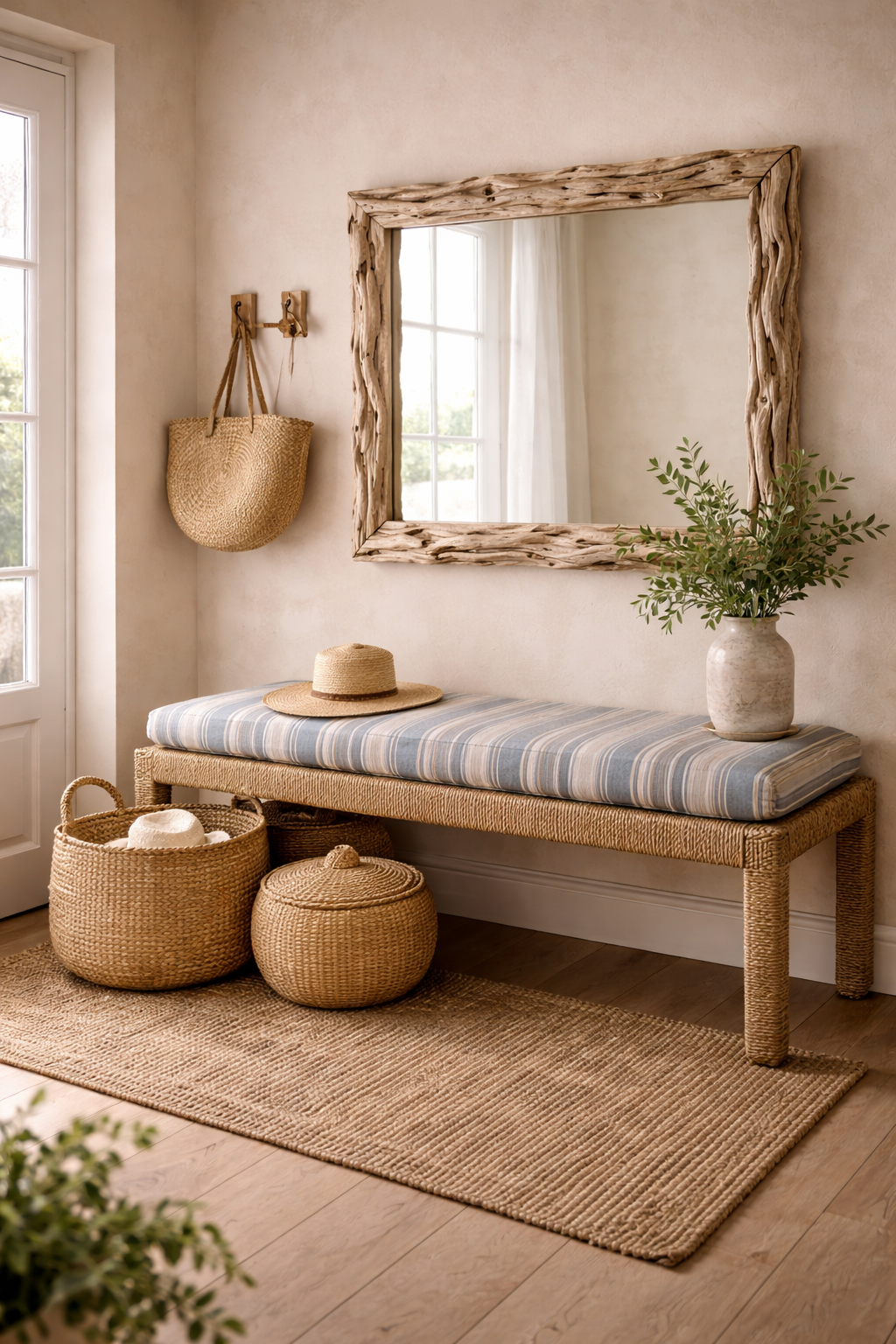 Coastal-inspired entryway with driftwood mirror