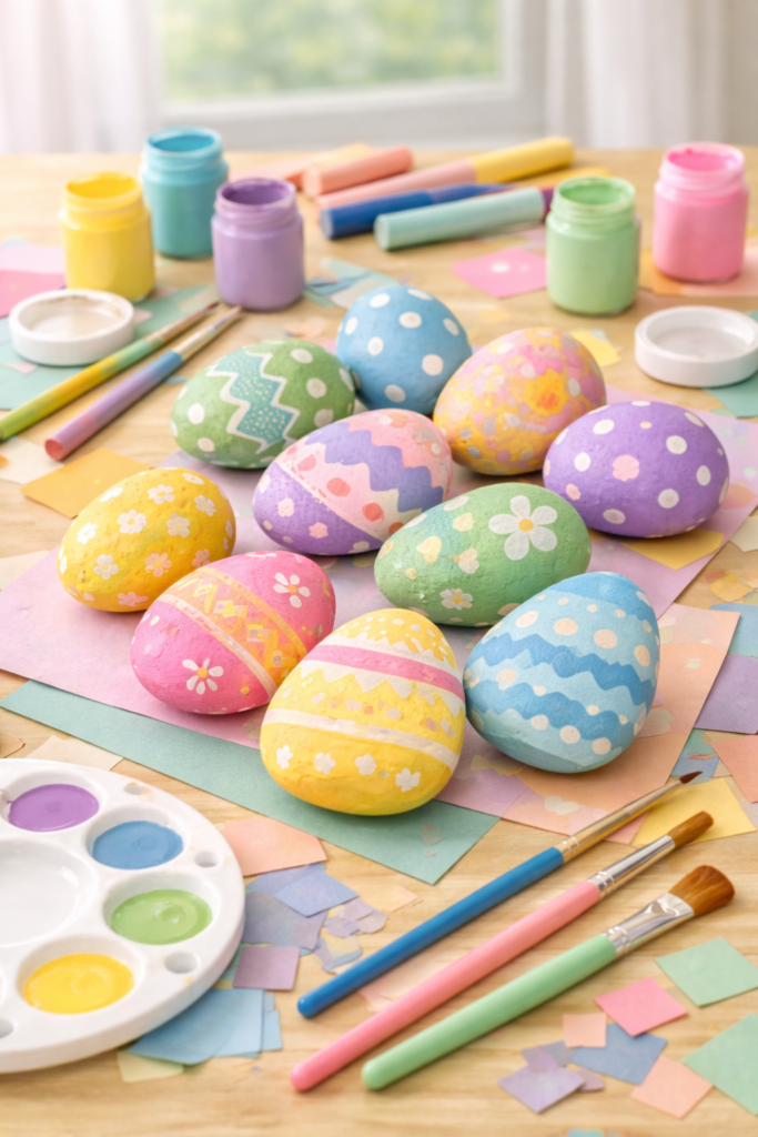 Colorful Easter egg rock painting station