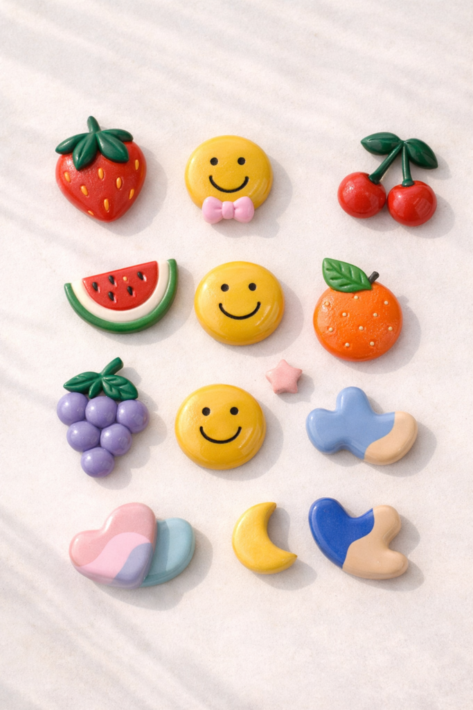 Colorful clay magnets on white surface