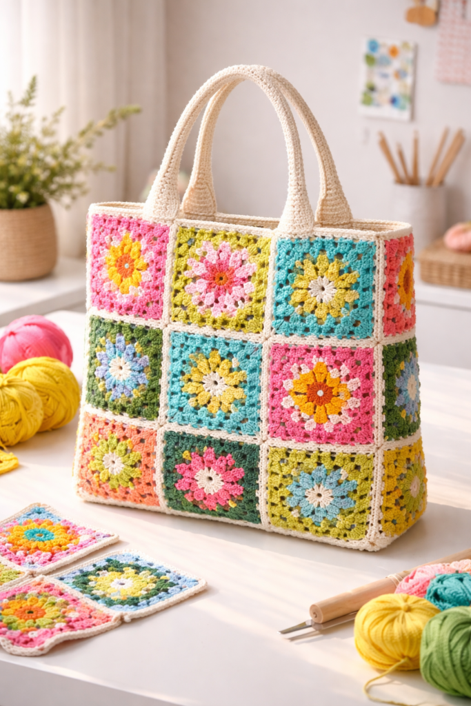 Colorful crochet granny square tote