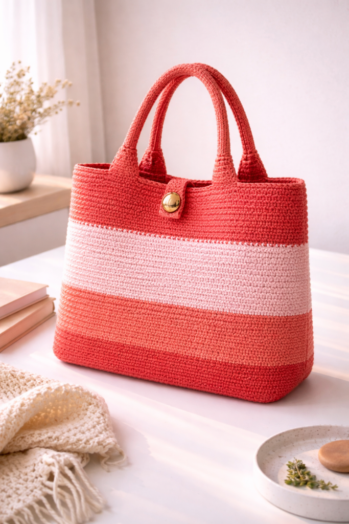 Colorful crochet tote bag close-up