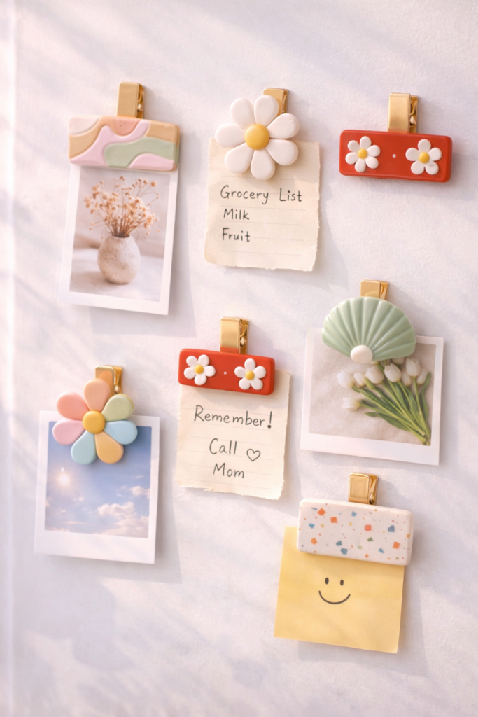 Colorful fridge clips holding cherished memories