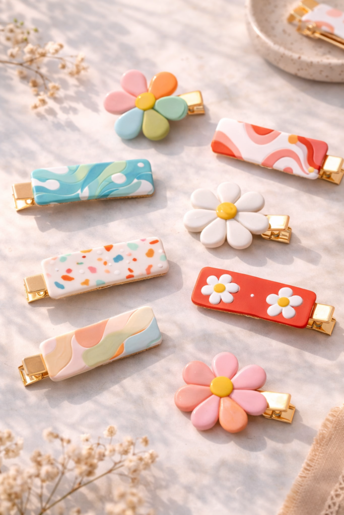 Colorful handcrafted hair clips display