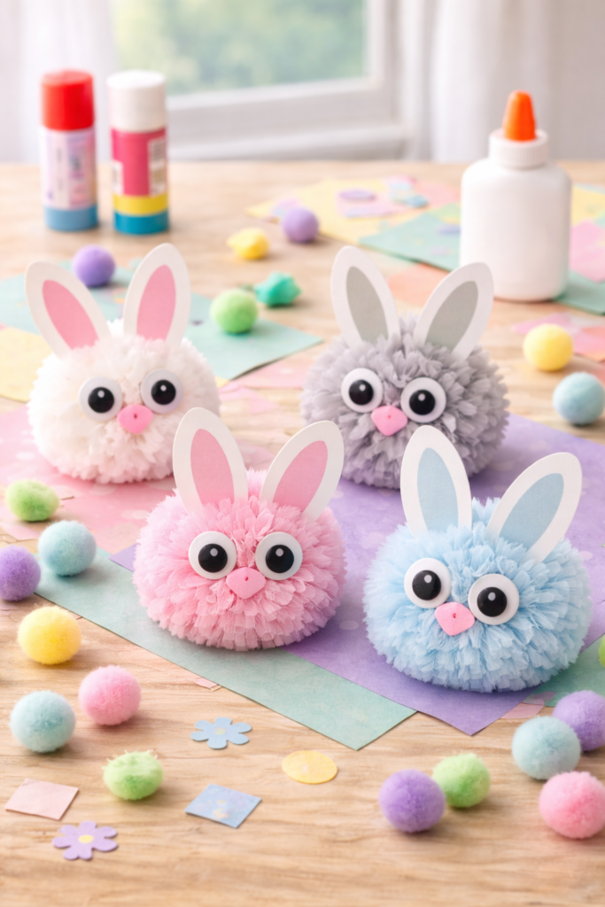 Colorful pom-pom Easter bunnies on table