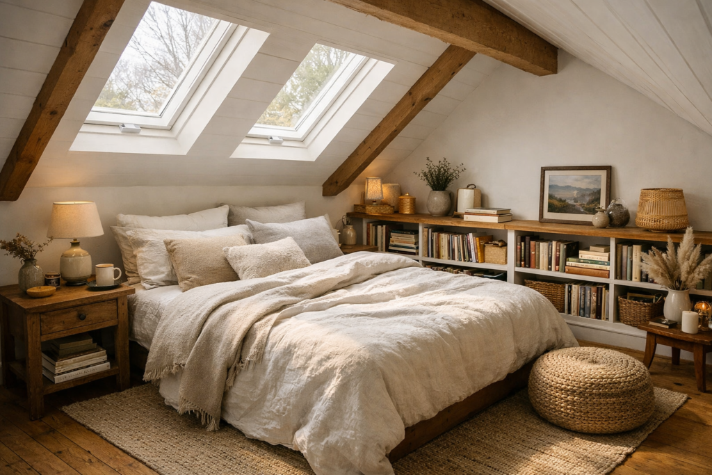 Cozy attic bedroom with sloped ceilings, skylights, built-in bookshelves, and warm linen bedding