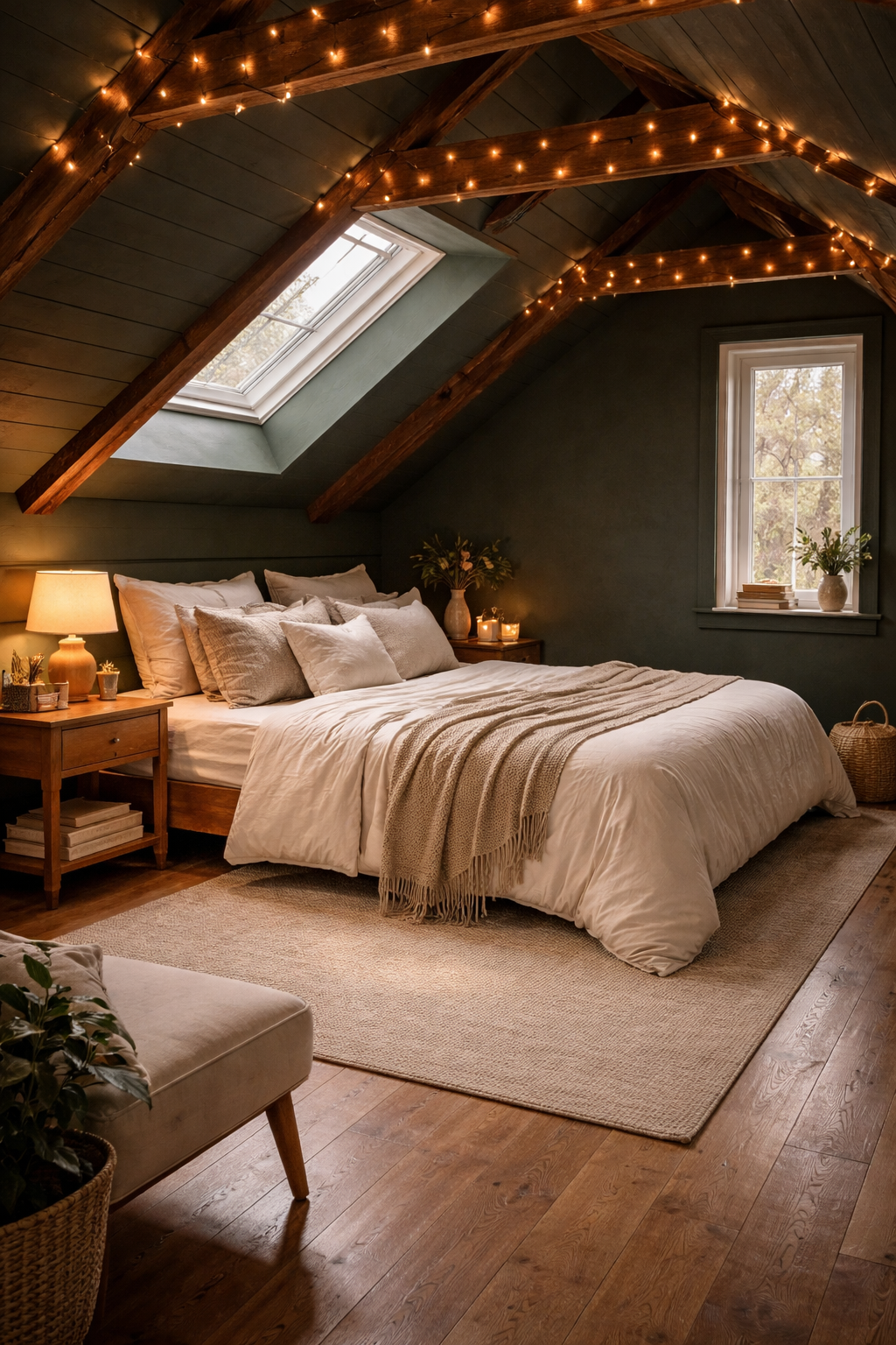 Cozy attic bedroom painted in deep charcoal with warm string lights and plush bedding creating an intentional cave-like atmosphere