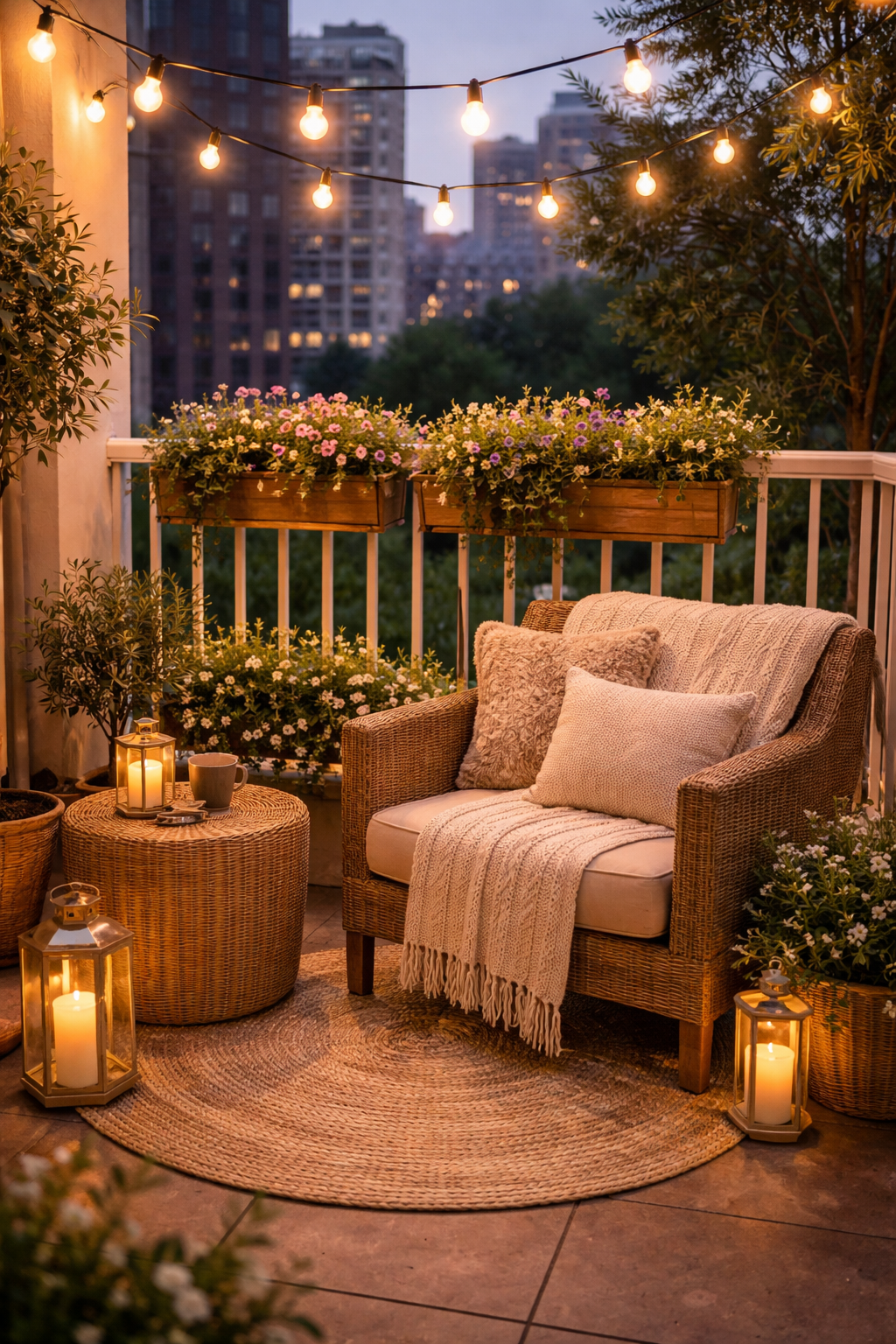 Small apartment balcony at dusk with warm string lights strung overhead as a canopy glow with a cozy chair below