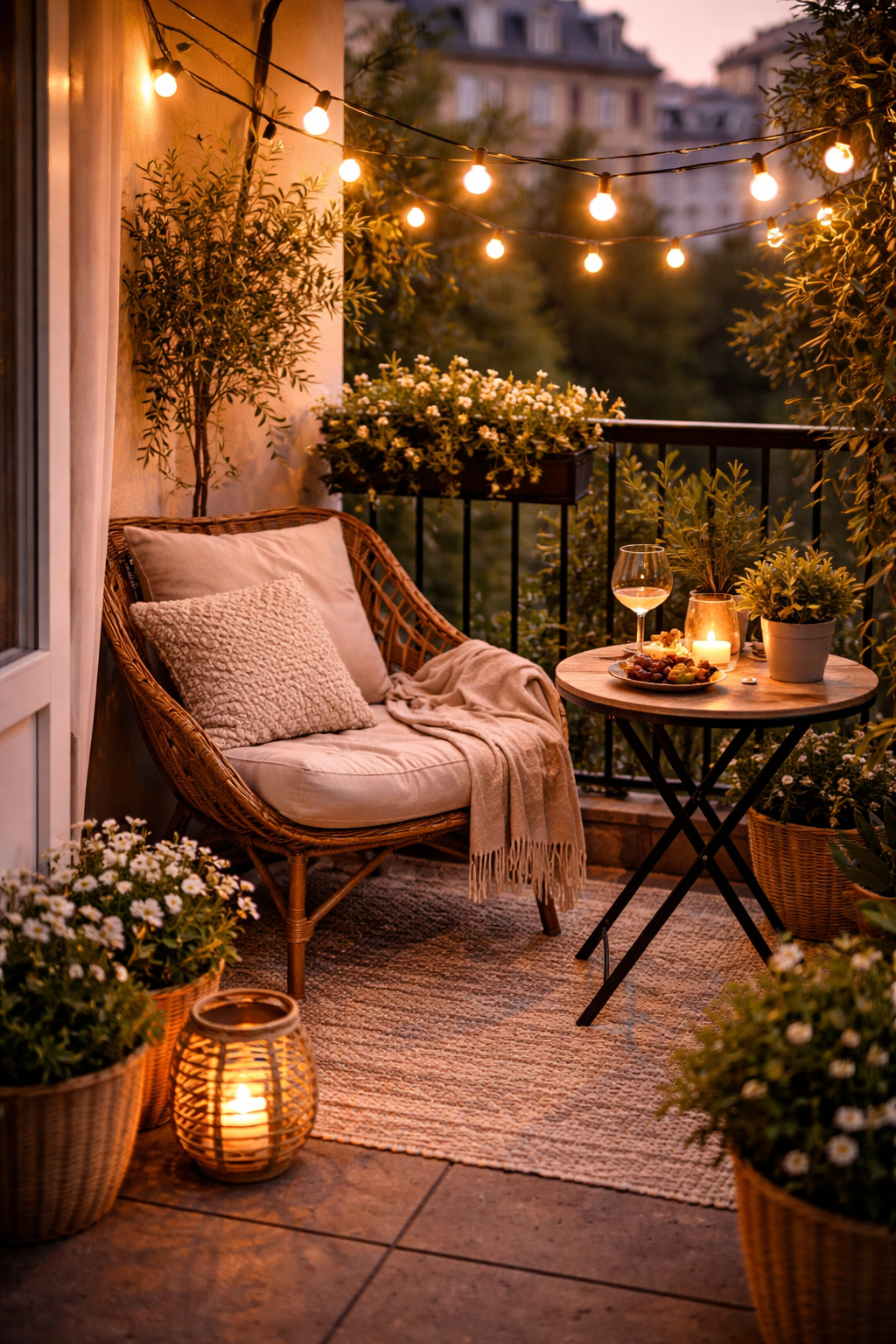 Beautifully decorated small apartment balcony at golden hour with plants, string lights, a cozy chair and bistro table