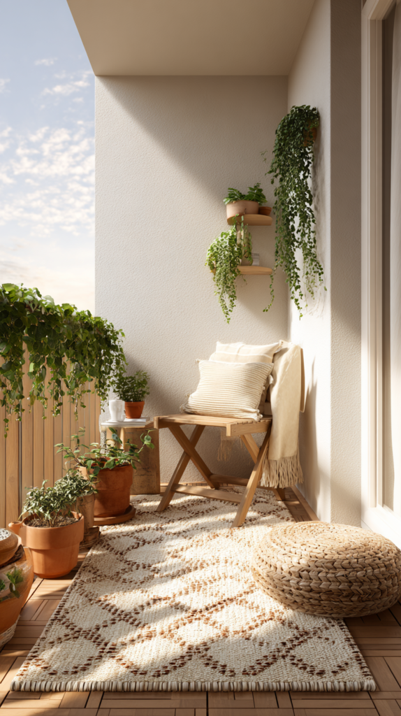 Neutral flatweave outdoor rug anchoring a small balcony garden with potted plants and a cozy chair, budget balcony garden styling, editorial home decor photography