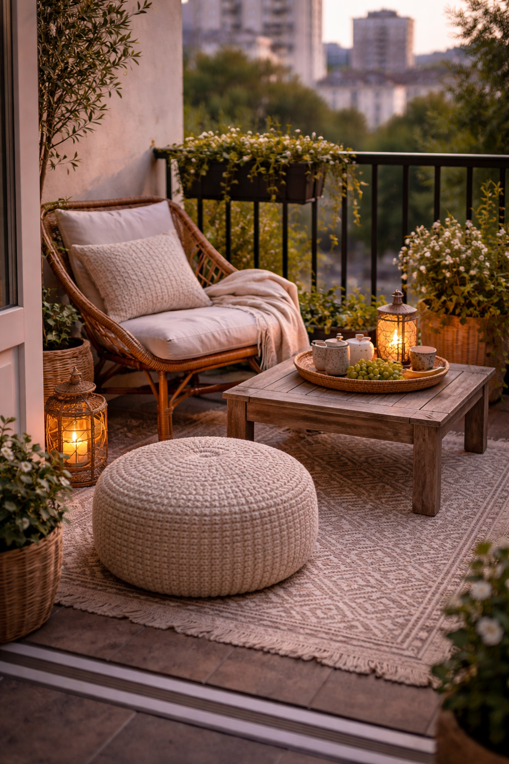 Small balcony with a floor pouf and low coffee table beside a lounge chair for casual outdoor seating with plants at the edges