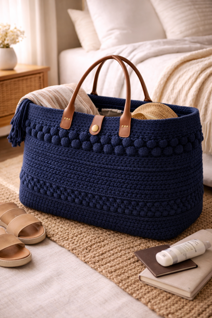 Cozy bedroom with crochet weekender bag