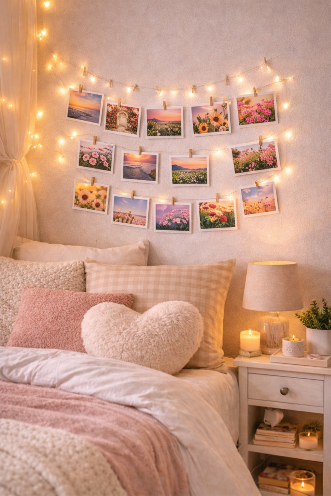 Cozy bedroom with glowing fairy lights