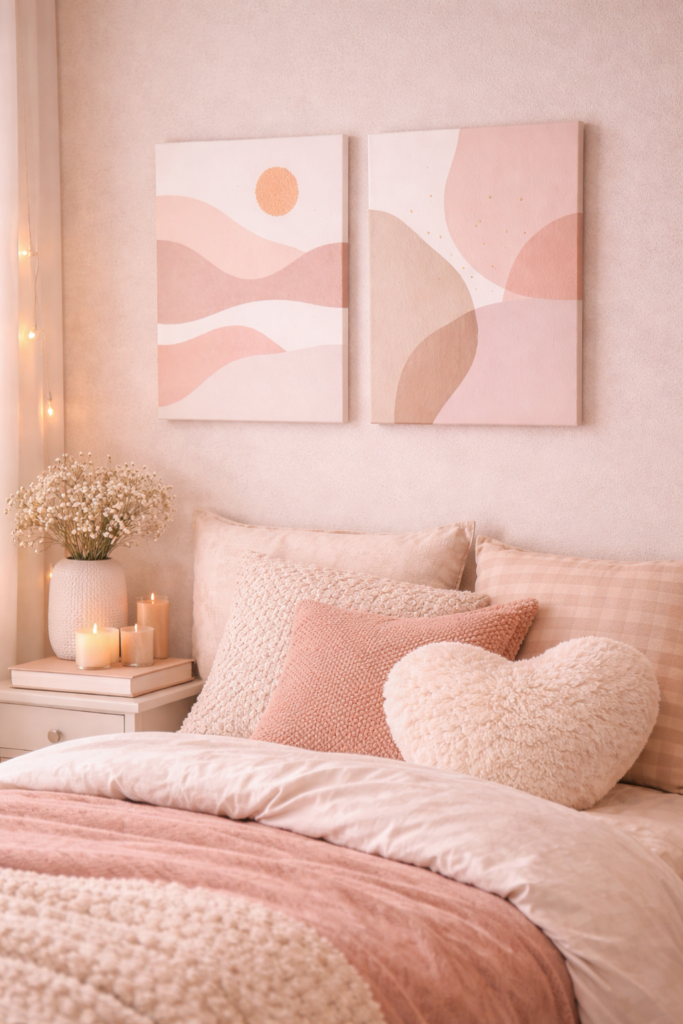 Cozy bedroom with pastel artwork elements