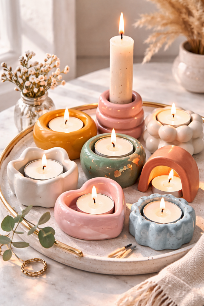 Cozy candlelit vignette with ceramics