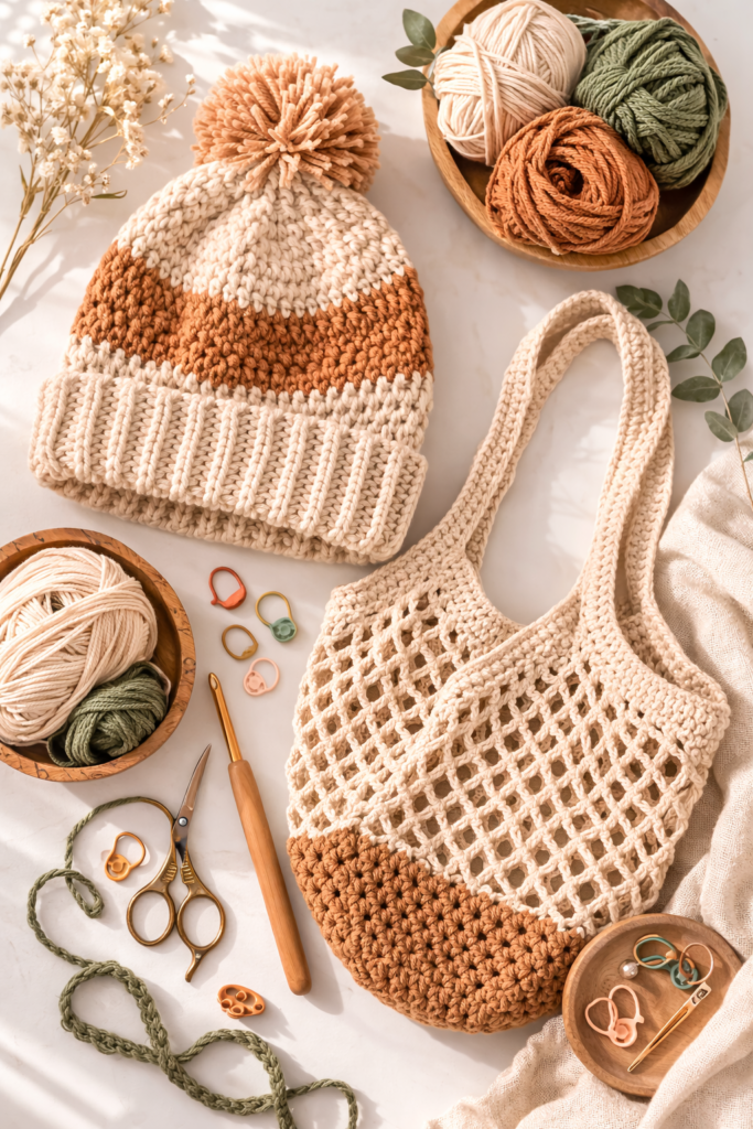 Cozy crochet crafts and accessories flat lay-1