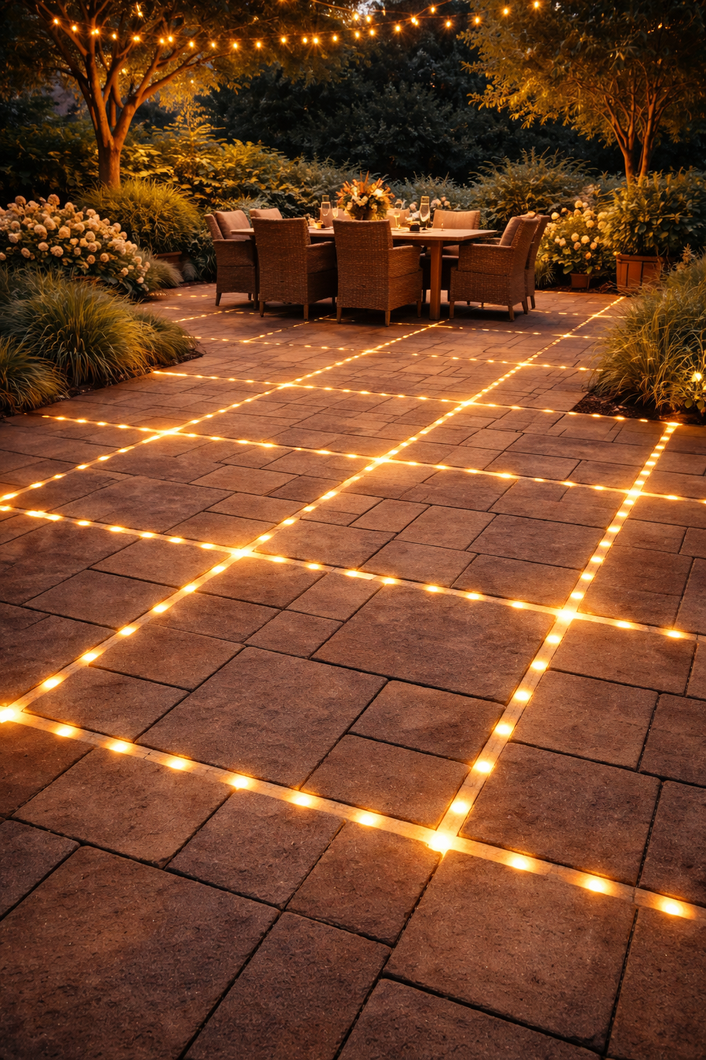 Cozy evening patio with glowing lights