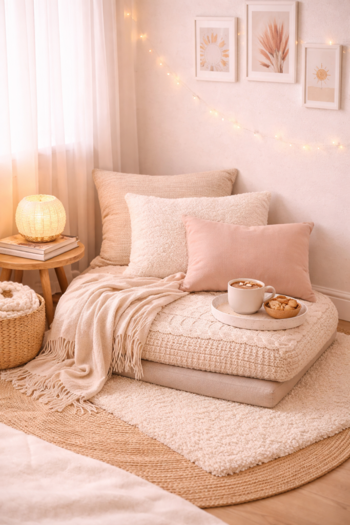 Cozy floor seating with snacks and warmth