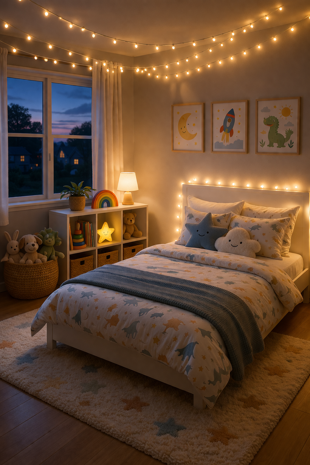 Cozy kids bedroom at night with warm string lights draped along ceiling and headboard wall