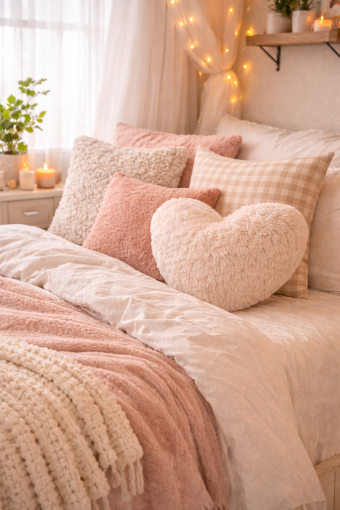 Cozy pastel bed with soft textures