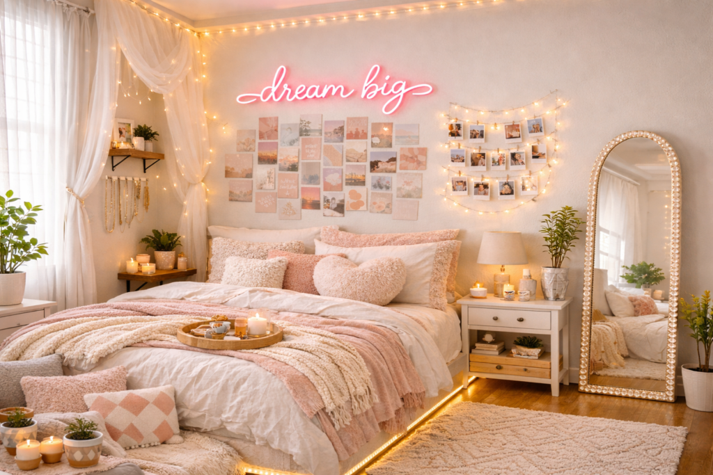 Cozy pastel teen bedroom ambiance