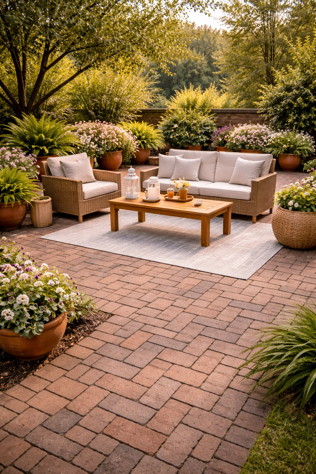 Cozy patio with wicker seating and greenery - Paver Patio Ideas