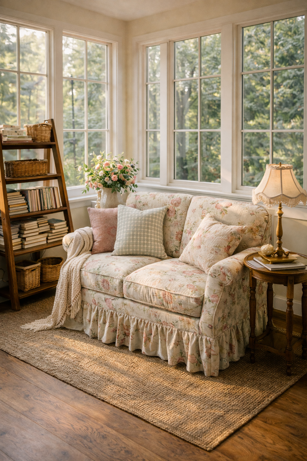 Cozy sunroom reading nook with blooms