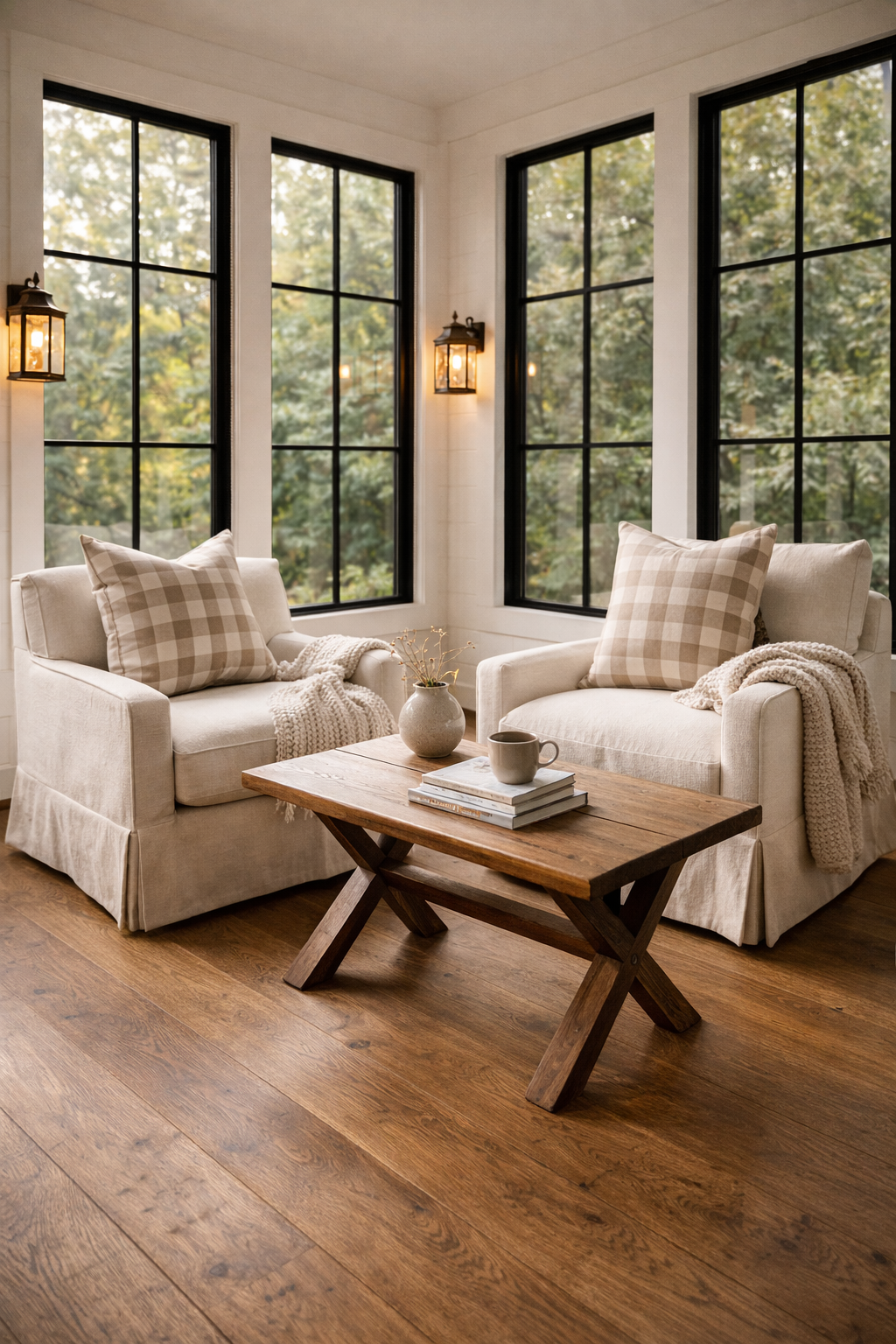Cozy sunroom reading nook with greenery