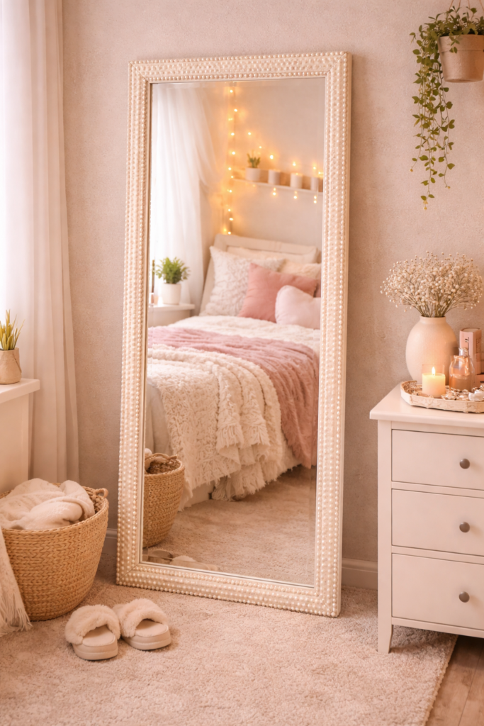Cozy teen bedroom with pearl mirror