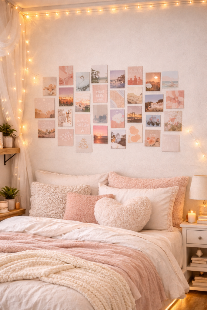Cozy teen bedroom with photo collage