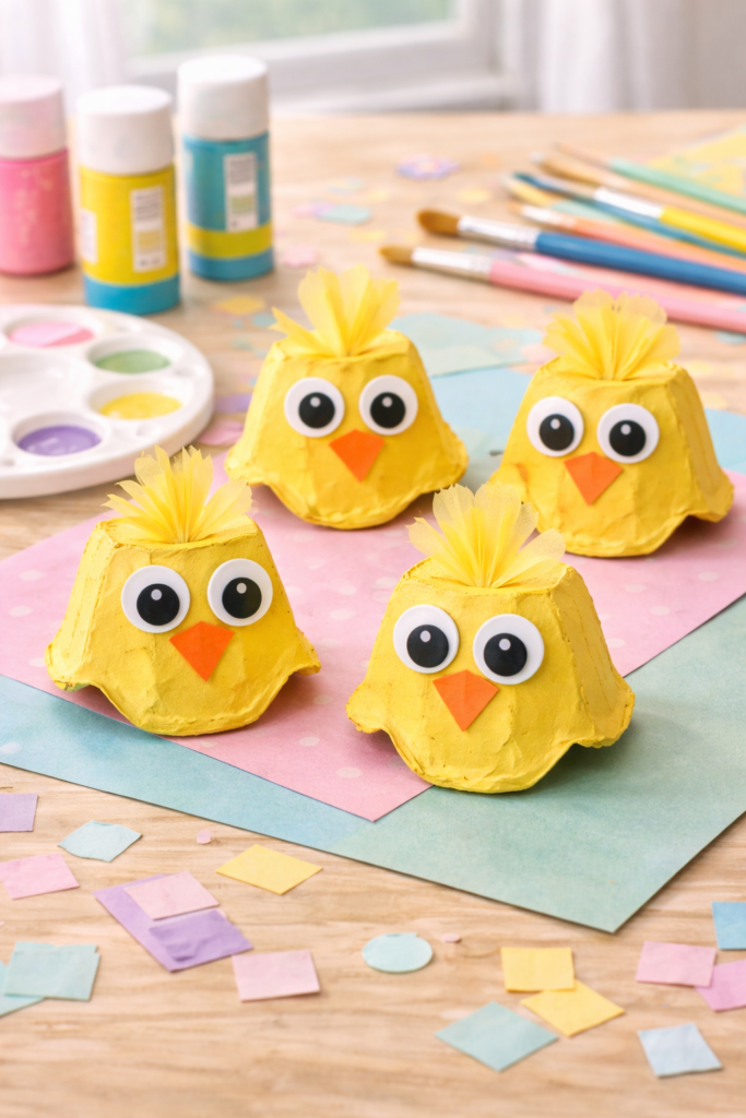 Crafted baby chicks on pastel table