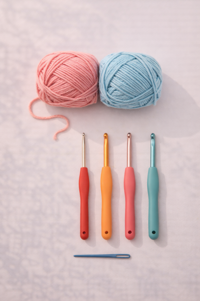 Crochet beginner's toolkit on pastel pink
