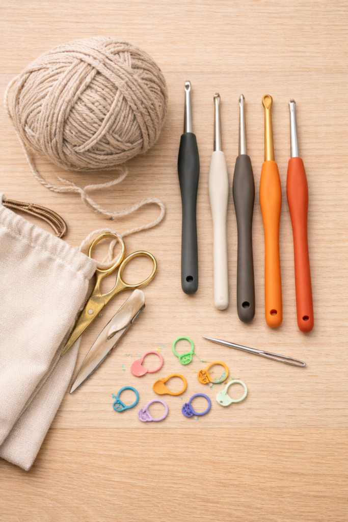 Crochet kits - Crochet essentials on wooden surface