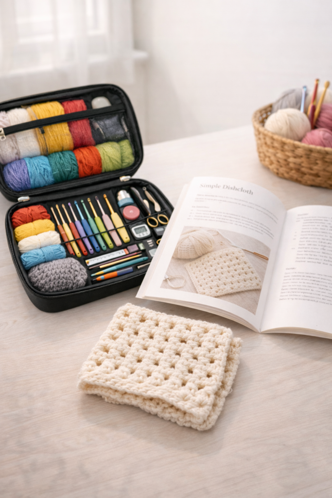 Crochet kit and dishcloth craft scene