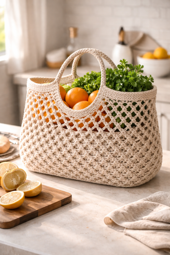 Crochet market bag with fresh produce