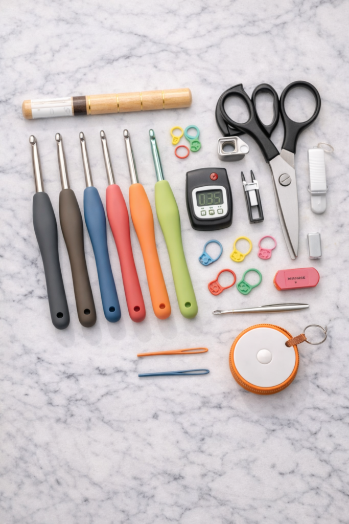 Crochet tools and accessories flat lay