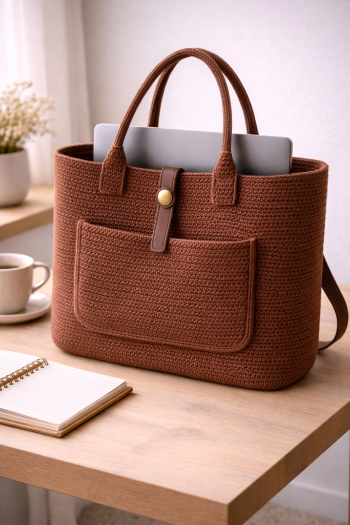 Crochet tote bag on a desk