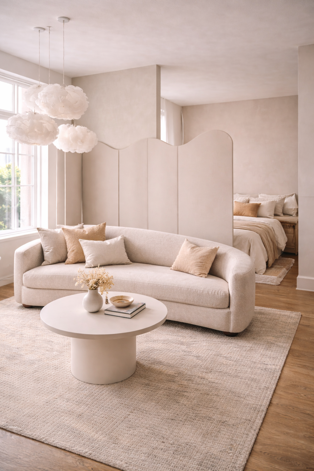 Curved studio interior with rounded sofa, sculptural pendant light, and soft blush and taupe palette