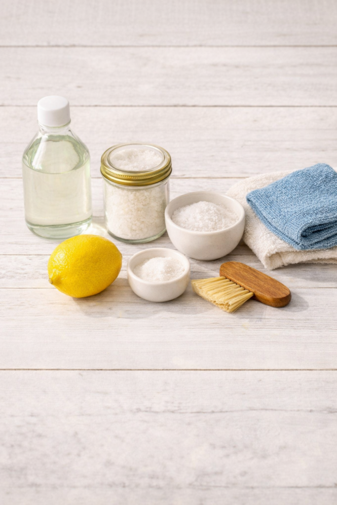 DIY brass cleaning supplies laid out on white wood surface