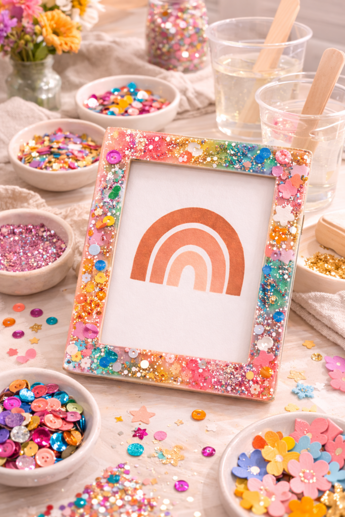 DIY picture frame decorated with glitter and confetti