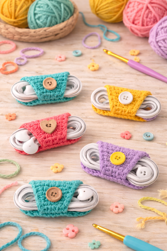 colorful crochet cable organizer ties wrapped around phone chargers