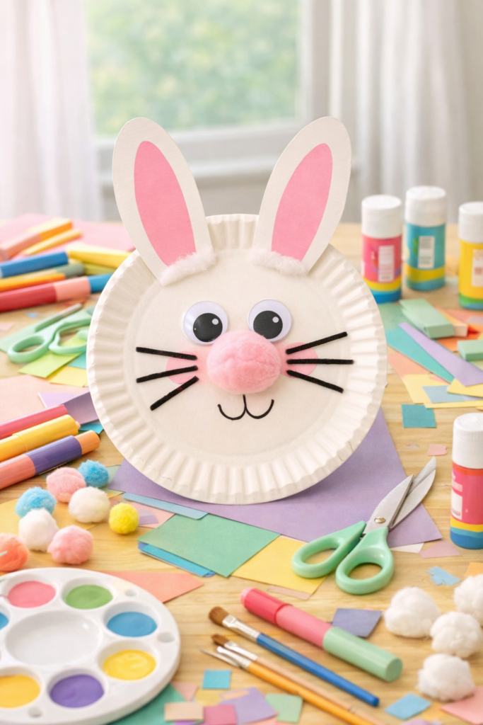 Easter bunny craft on pastel table